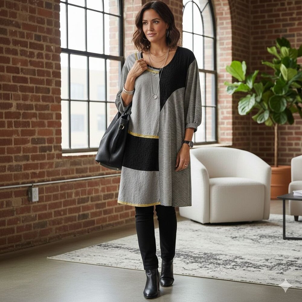 FA Concept Tunic Top XXL French Design Black Yellow Colorblock‎ Cotton Lagenlook
